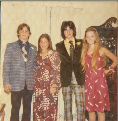 Steve Lilly, Beth Schroll, Mike Truitt, & Betsy Wilks at the Schrolls House Before Homecoming 1975